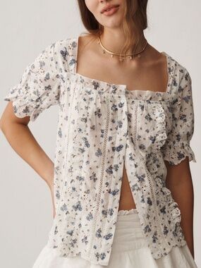 NWT: Ivory & Blue Floral Airy Cotton Puff-Sleeve Eyelet Top (XS P)